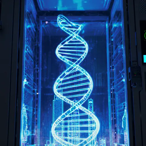 Illustration of a futuristic farm with DNA strands intertwining over fields, symbolizing advanced genetic breeding techniques