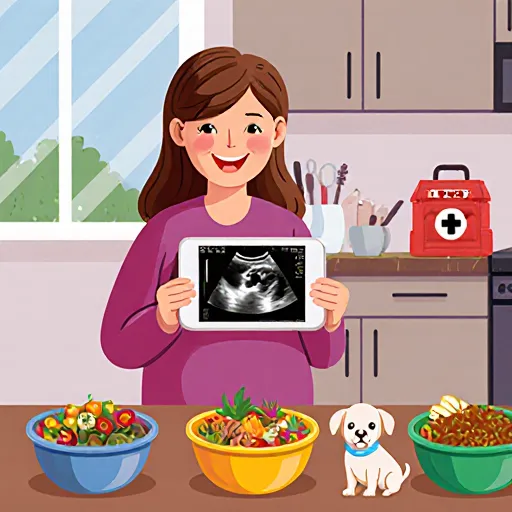 A vibrant kitchen scene featuring a bowl of nutritious puppy food beside fresh ingredients like carrots, chicken, and oats, illustrating healthy prenatal meals for puppies.