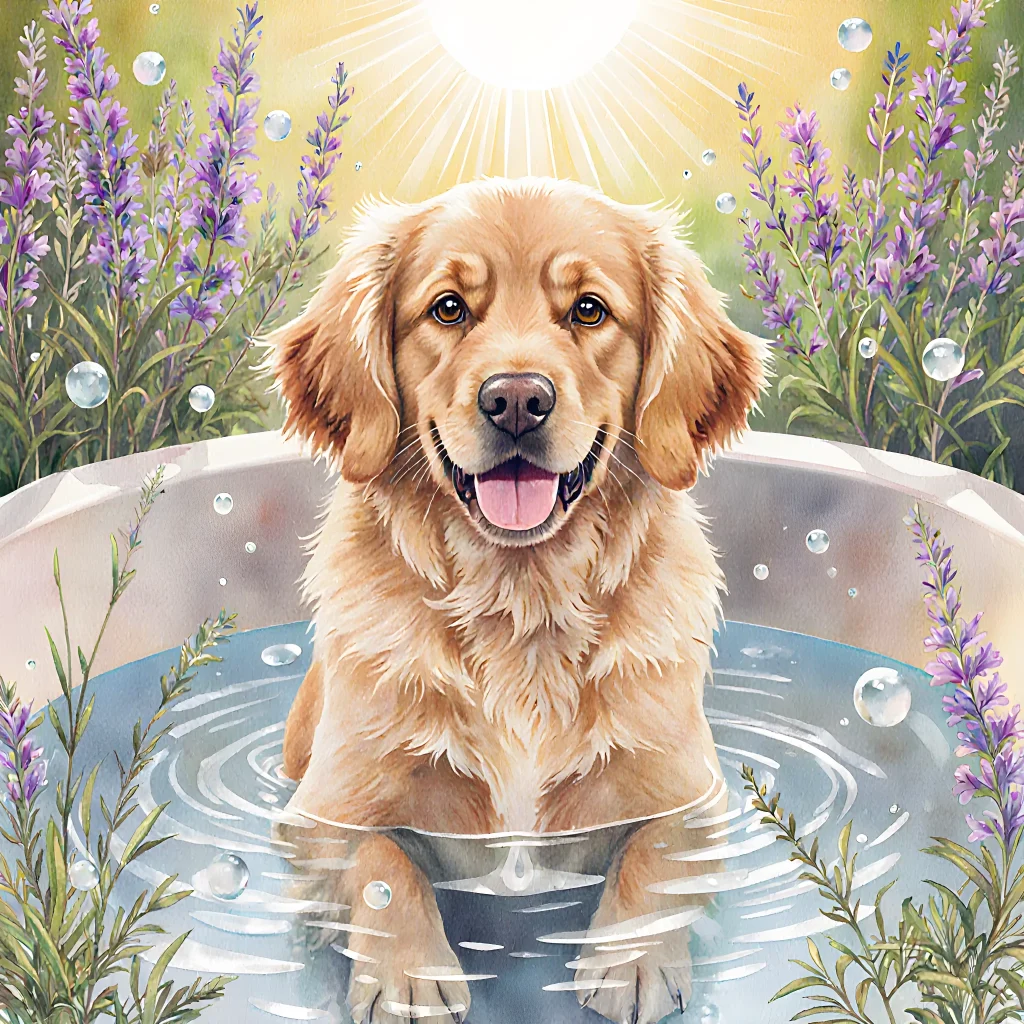 A happy golden retriever lying on a plush towel while its owner applies gentle, natural grooming products during a DIY pet spa session
