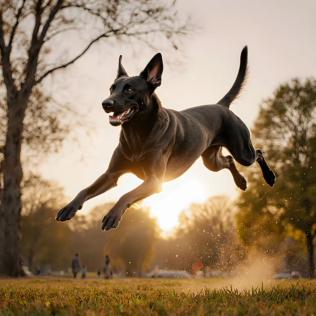 A playful dog performing an agility jump on a bright outdoor course, showcasing energy and confidence