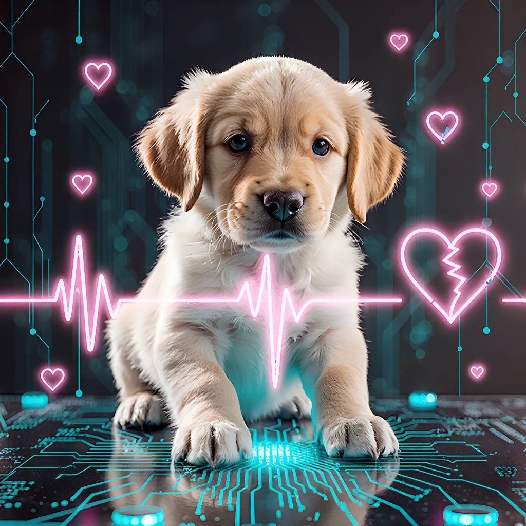 Illustration of a smart dog collar with glowing data streams surrounding a joyful pup in a park, symbolizing AI-powered pet wellness