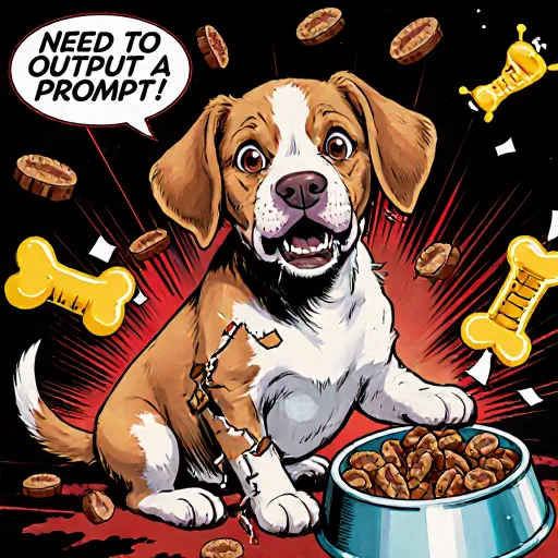 A puppy looking at a table full of food items with a warning sign, illustrating safe feeding practices for pets.