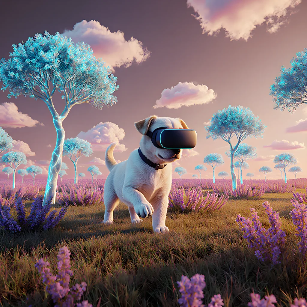 A person wearing a VR headset viewing a colorful landscape filled with playful puppies