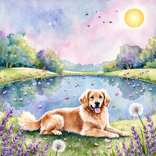 A relaxed puppy surrounded by aromatic petals and soothing water jets in a luxurious pet retreat setting