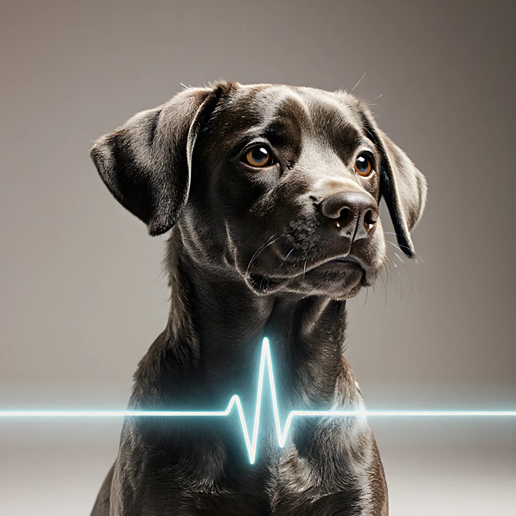 A playful golden retriever puppy wearing a smart collar that displays heart rate data on a sleek mobile app interface