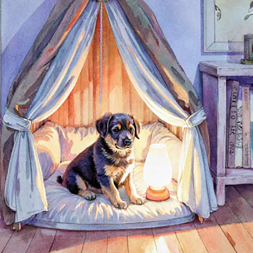 Puppy playing in a cozy, safely designed corner of a room