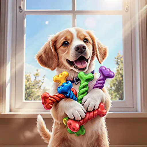 A playful puppy happily chewing a rubber bone toy while its owner watches with a smile