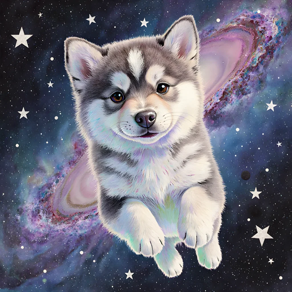 Illustration of a cute puppy floating among stars and planets, with a dreamy galaxy backdrop, symbolizing Laika’s galactic dream