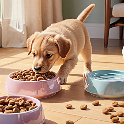 A happy puppy sitting beside a small bowl of kibble on a cozy kitchen floor, symbolizing smooth weaning steps