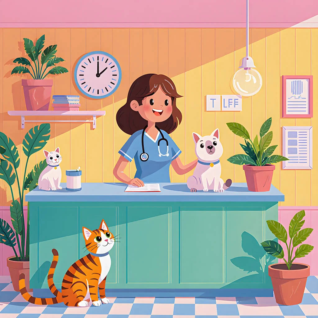 A smiling pet owner walking into a cozy veterinary clinic with a bright sign reading "Affordable Care"