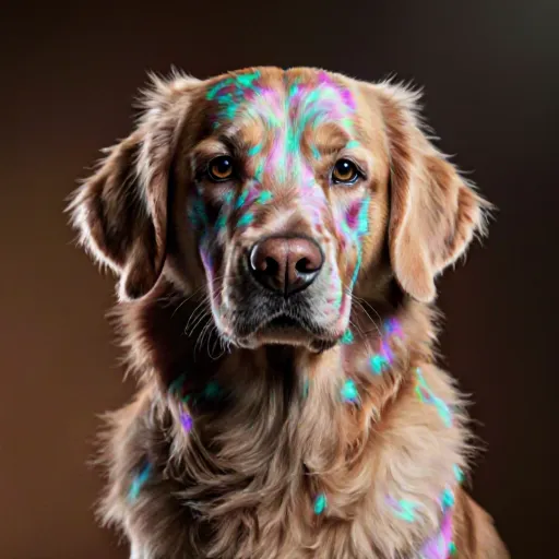 Illustration of a dog with highlighted skin anomalies on its coat, showing distinct patches and raised bumps.