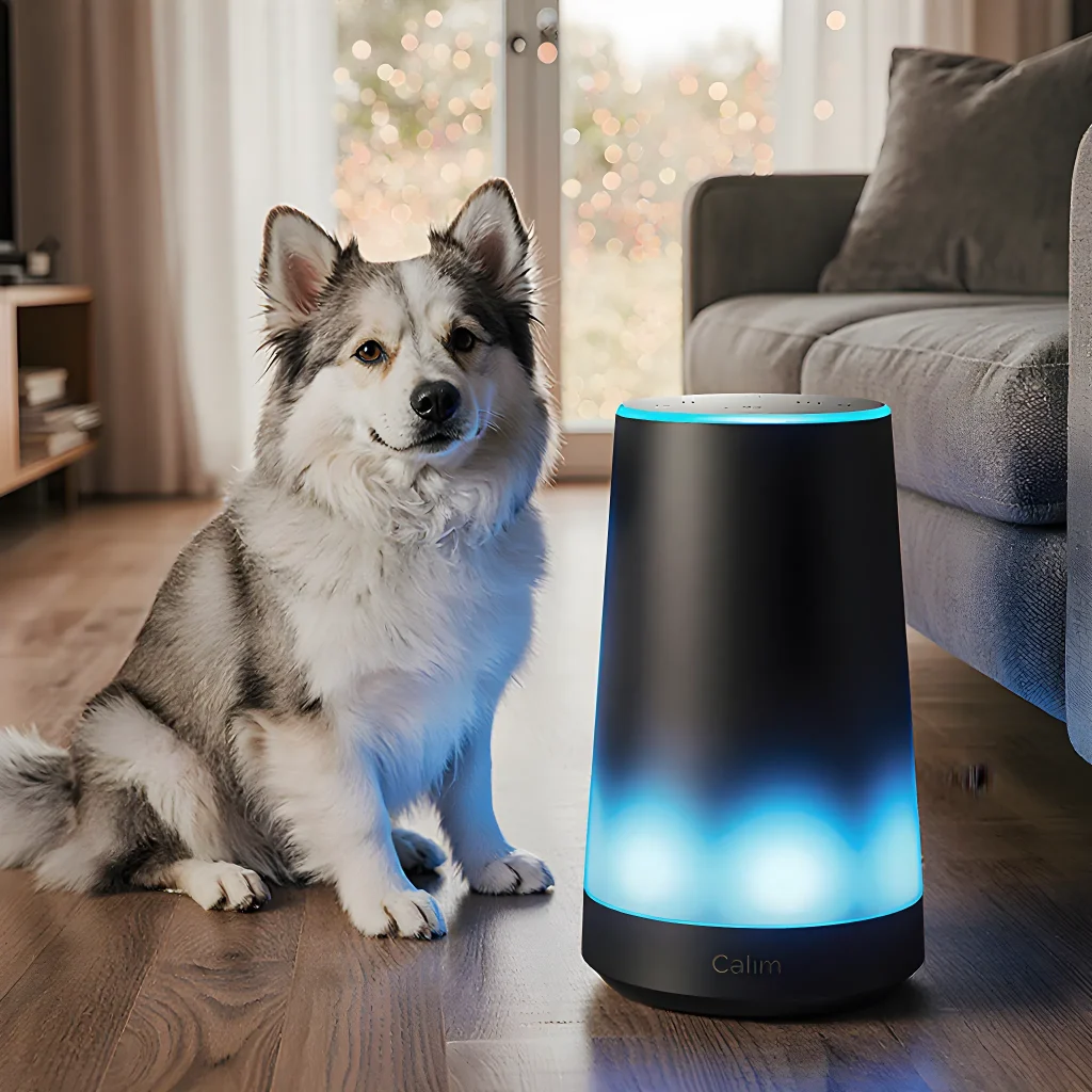 Illustration of a relaxed dog surrounded by soft glowing lights and calming sound waves, symbolizing quiet confidence tech for pets