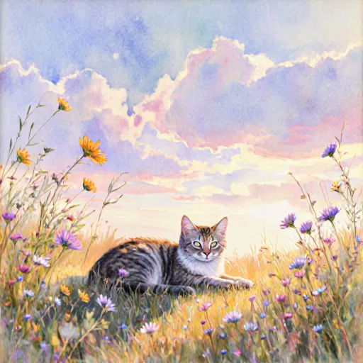 A serene scene showing a relaxed cat under a calming mist of lavender spray.
