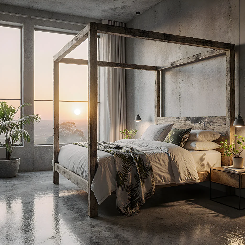 Luxurious bedroom featuring a sleek, sustainably made bed surrounded by lush greenery and natural light