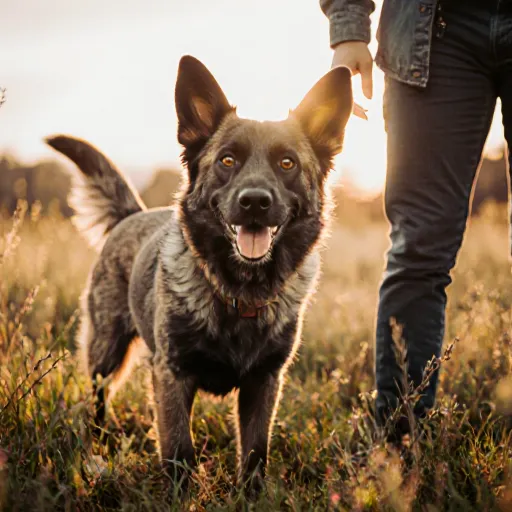 A rescued dog proudly walking beside its grateful owner, symbolizing a triumphant success story