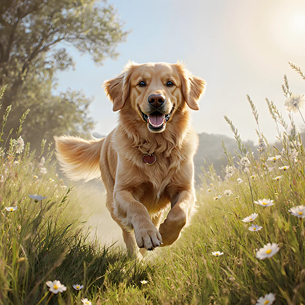 A happy dog running through a grassy field with an overlay of futuristic AI interface icons showing recall training progress