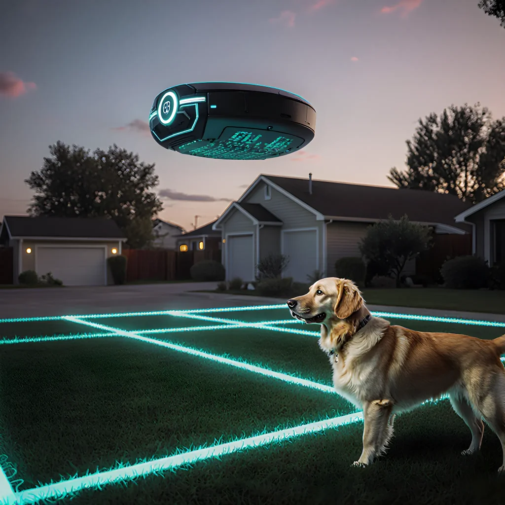 A sleek digital rover dog fence system set against a backyard, featuring a GPS tracker on a collar and a wireless boundary marker.