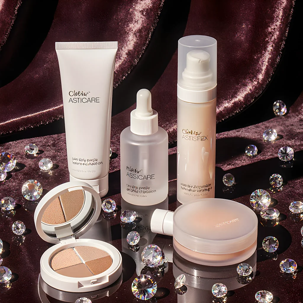 Close-up of luxury skincare kit featuring sleek glass bottles and shimmering product labels, reflecting celebrity beauty trends.