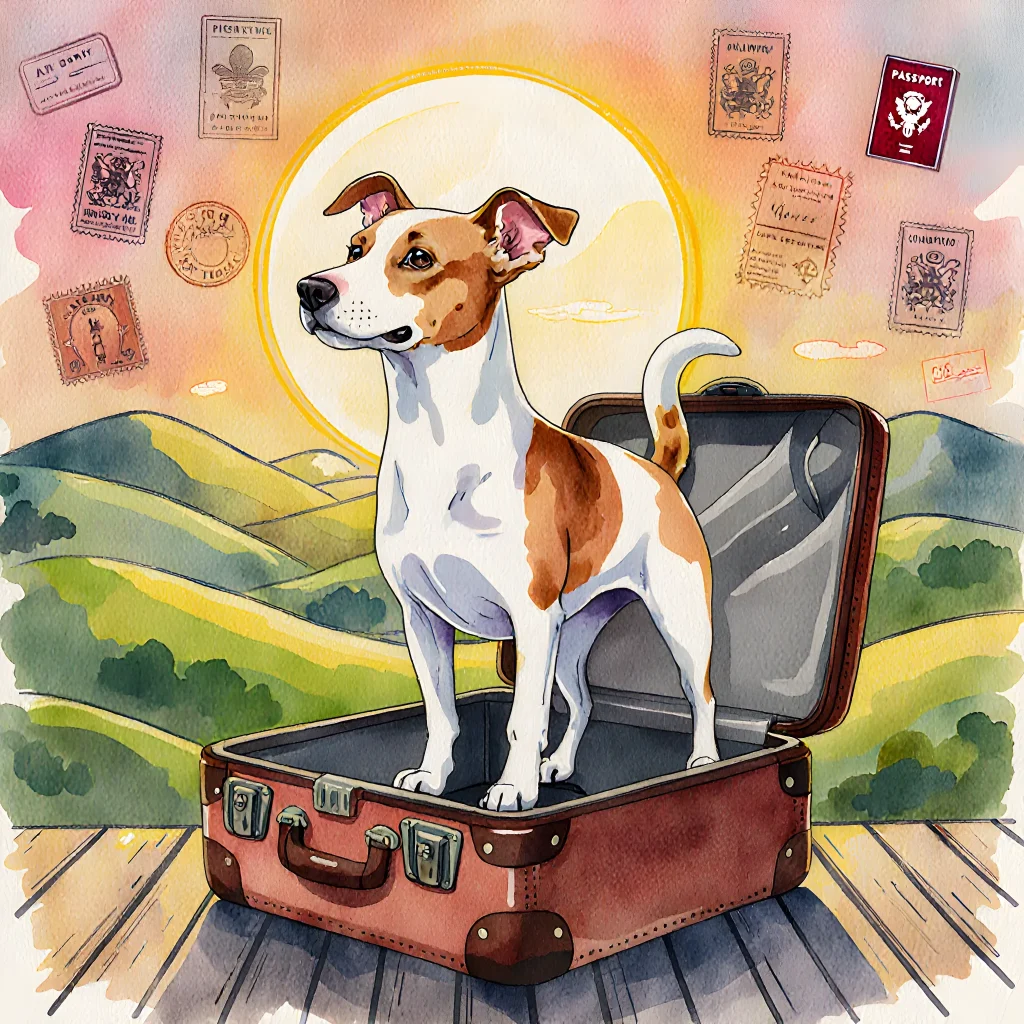 A happy dog in a comfortable harness beside a suitcase packed with travel essentials like water bottle, treats, and a first aid kit.