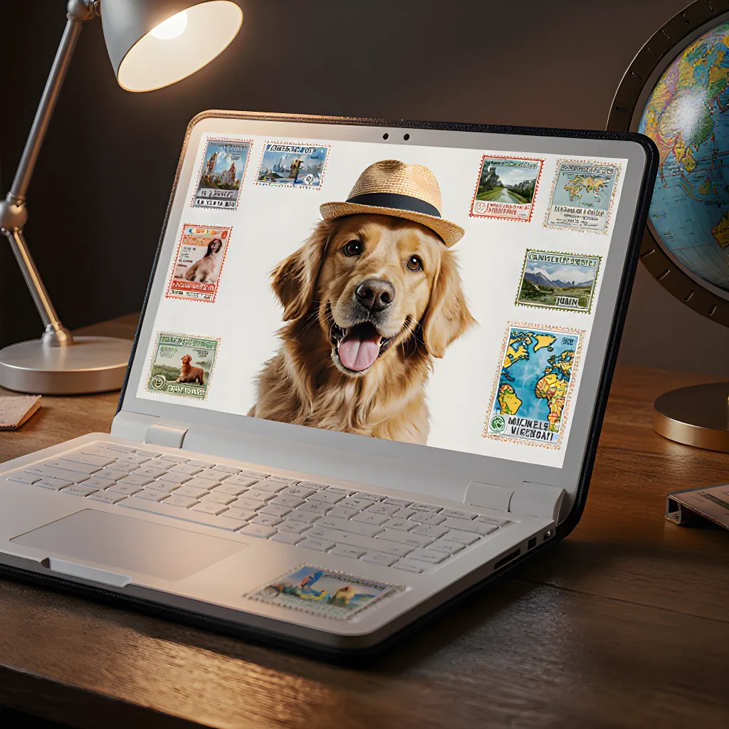 A happy dog holding a passport next to a globe, symbolizing international pet travel readiness