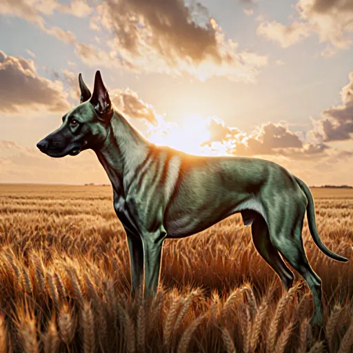 Illustration of a majestic hound standing guard beside golden wheat stalks under a sunrise sky, symbolizing protection of grain heritage