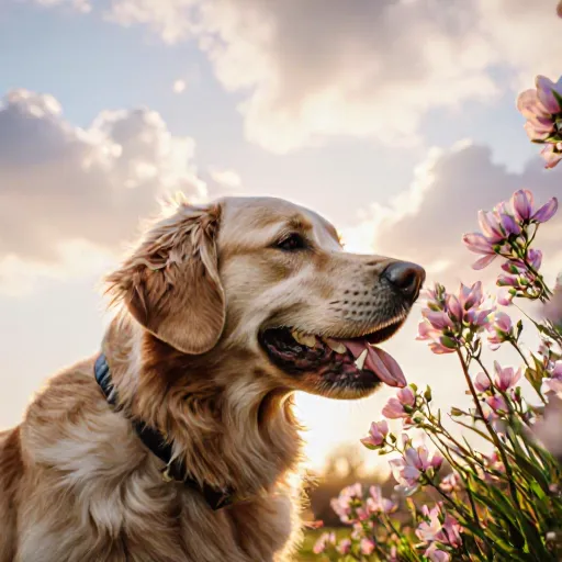 A cheerful golden retriever wagging its tail in a sunny park, surrounded by autumn leaves, symbolizing seasonal dog care