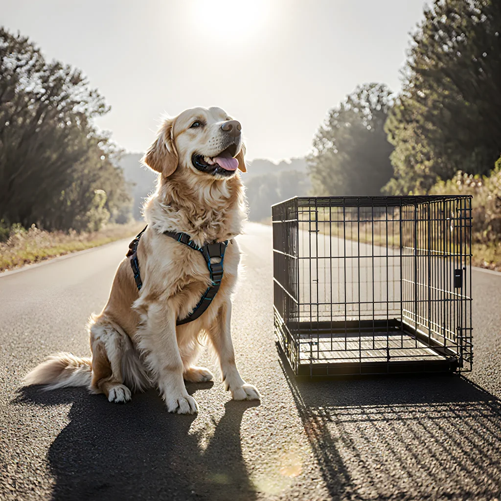 A happy dog wearing a sturdy, padded harness inside a lightweight crate, ready for a road trip