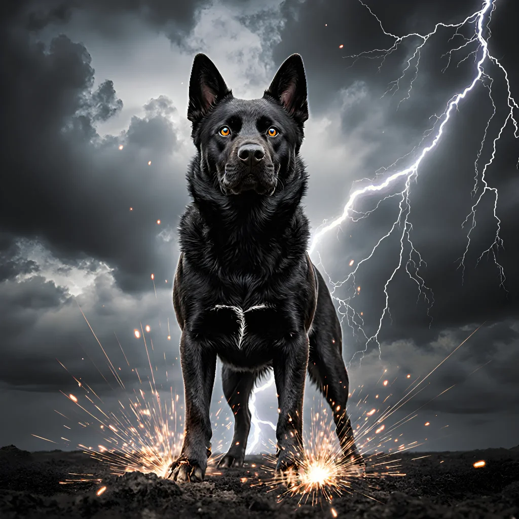 A calm dog resting beside a lightning bolt with a stormy sky background, illustrating safety during thunderstorms