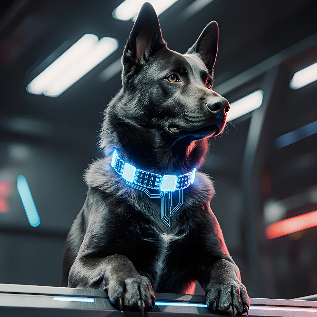 A happy golden retriever wearing a sleek, futuristic armor-like collar that glows with protective quantum energy