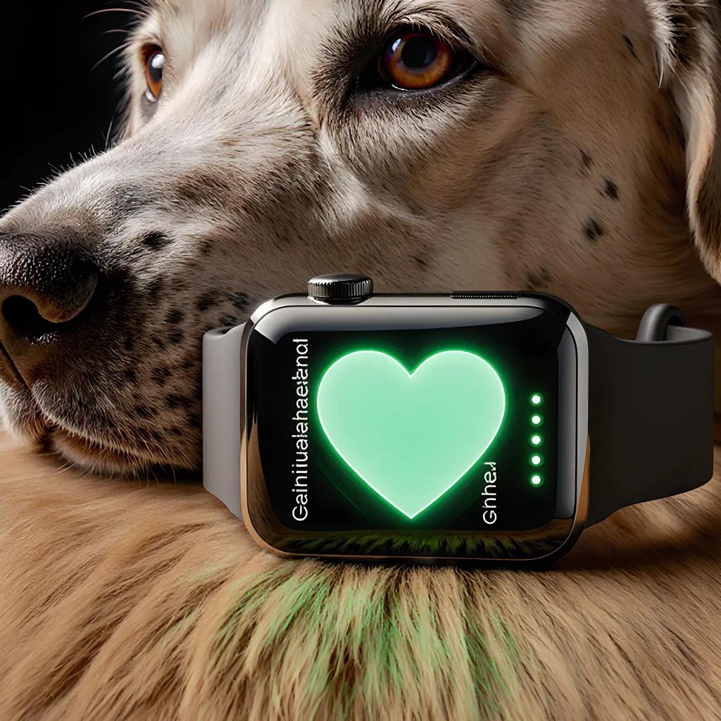A senior dog wearing a sleek wearable tracker on its collar, surrounded by playful toys, symbolizing tech and love for elderly pets.