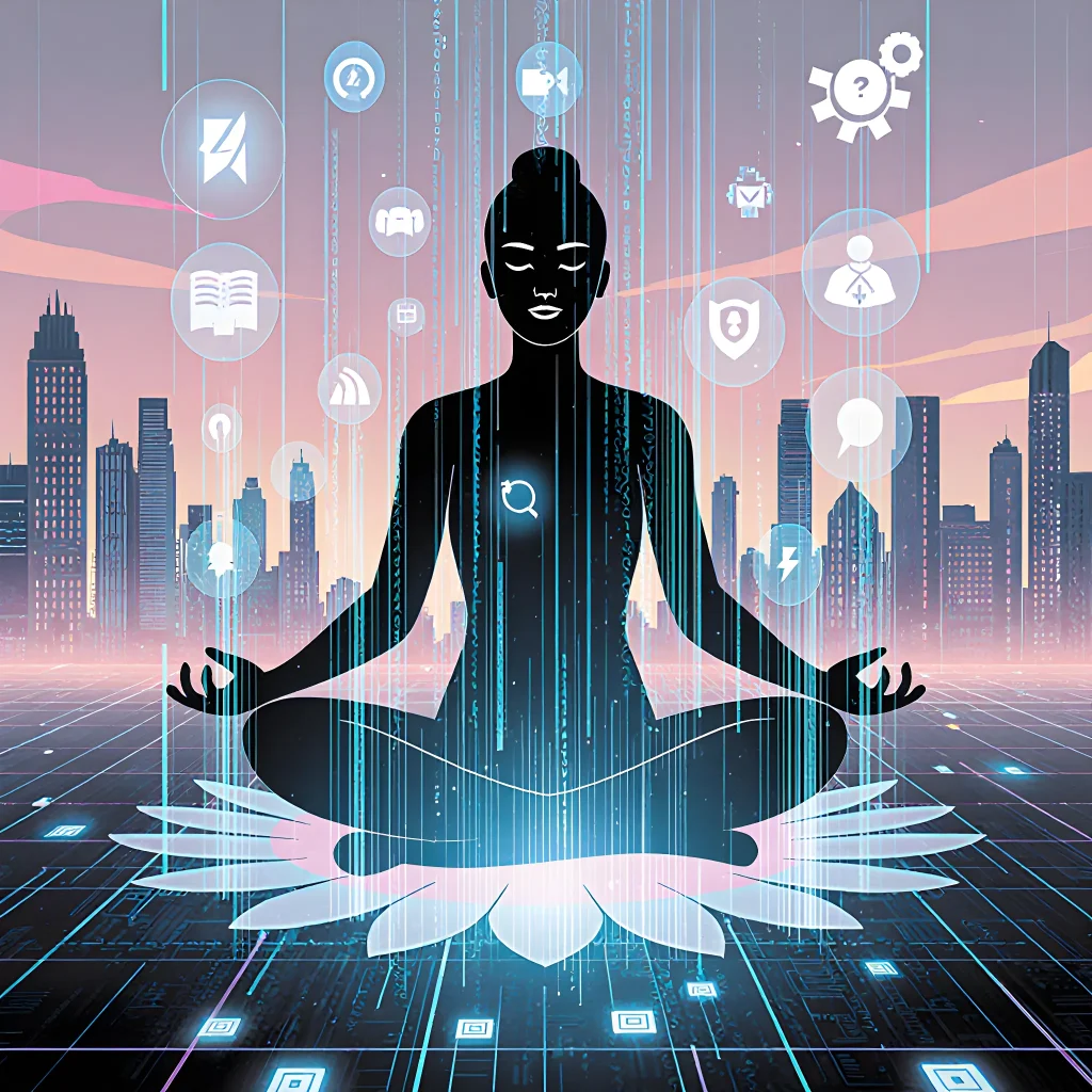 A tranquil office setting with a person using a wearable tech device to monitor stress levels, illustrating rapid detection of anxious shifts.