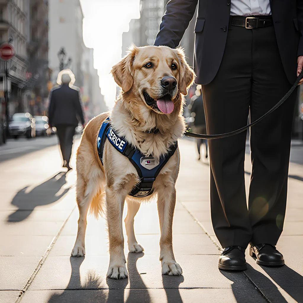 A well‑trained service dog walking confidently beside its handler on a bustling city sidewalk, showcasing poise and purpose.