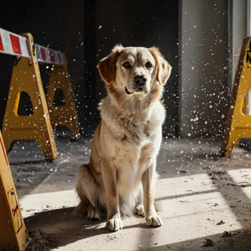 A dog wearing a safety vest standing near a construction site with saws and dust, illustrating pet protection during home renovations