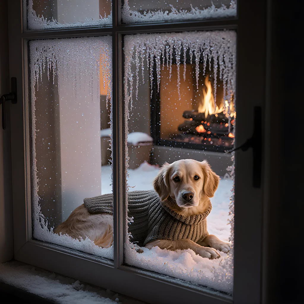 A warm, snug dog wrapped in a knitted blanket beside a fireplace, with snowflakes falling outside the window