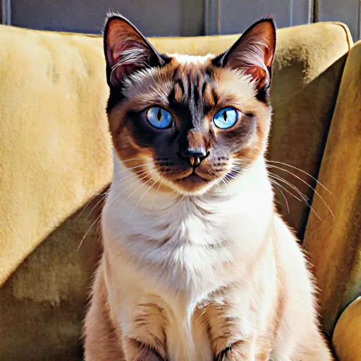 Siamese cat portrait with unique markings, surrounded by care essentials like toys and treats