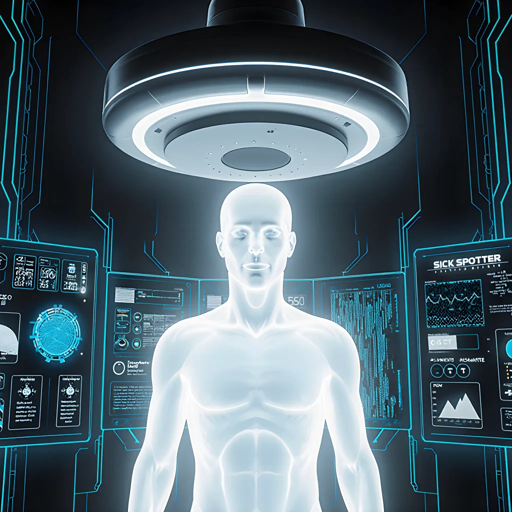 A futuristic wearable device monitoring vital signs, symbolizing early disease detection through advanced tech
