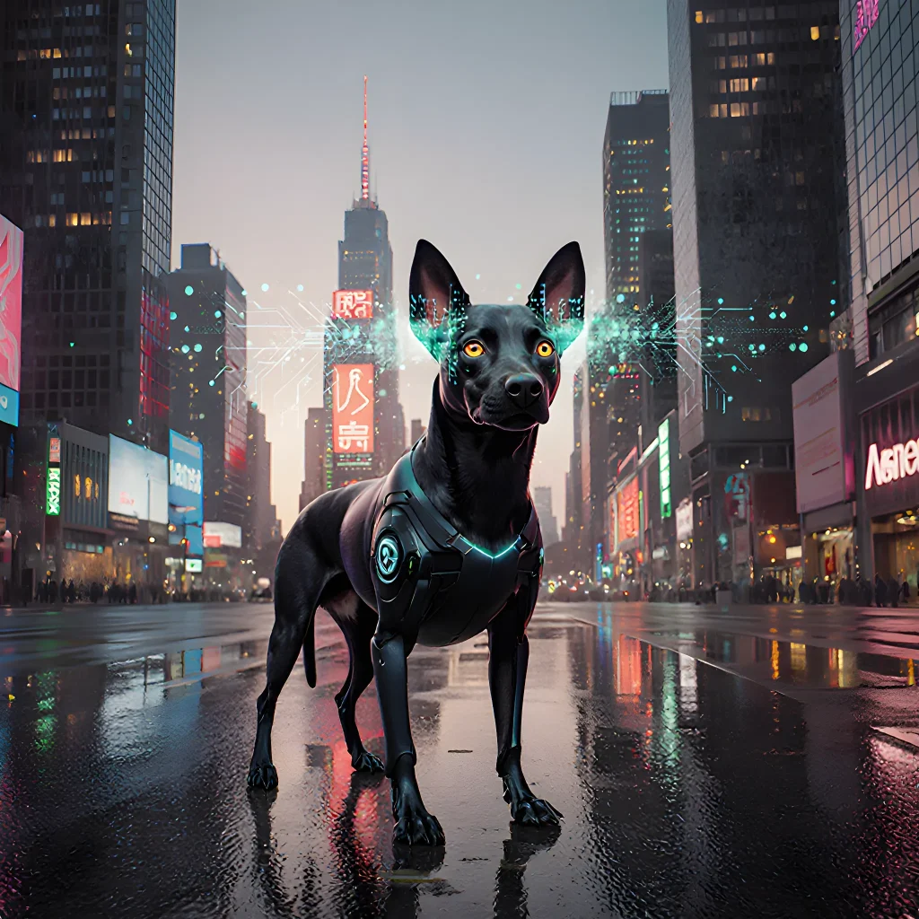 Illustration of a futuristic dog wearing smart collar, emitting digital sound waves, symbolizing advanced canine communication technology