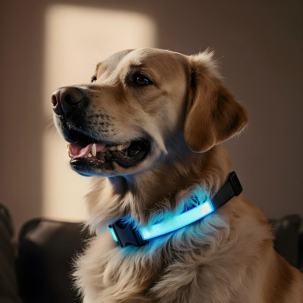 Dog wearing the Revolutionary Bark Collar, a sleek smart device that controls barking, resting peacefully in a bright living room.