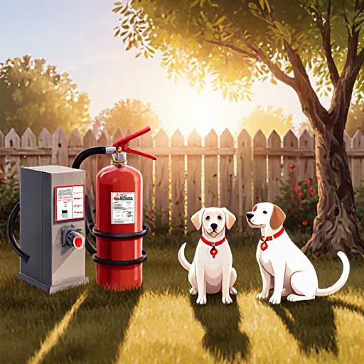 A happy dog in a secure backyard with a fire extinguisher nearby, illustrating dog-friendly fire protection measures