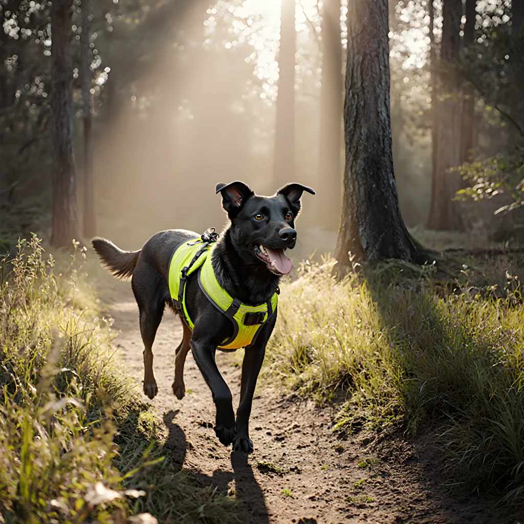 A happy dog hiking with its owner on a forest trail, carrying a backpack filled with travel essentials