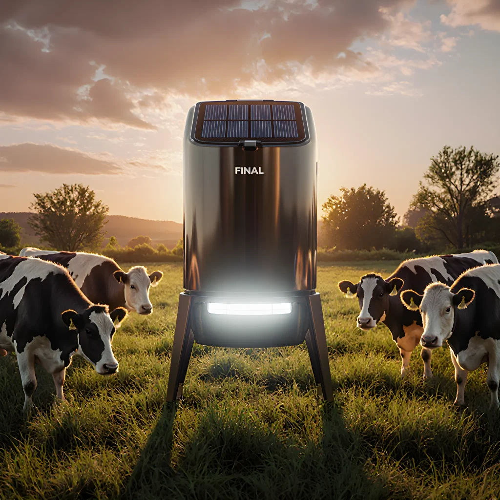 Illustration of a modern smart feeder system on a farm, featuring sensors, digital displays, and livestock feeding with advanced technology