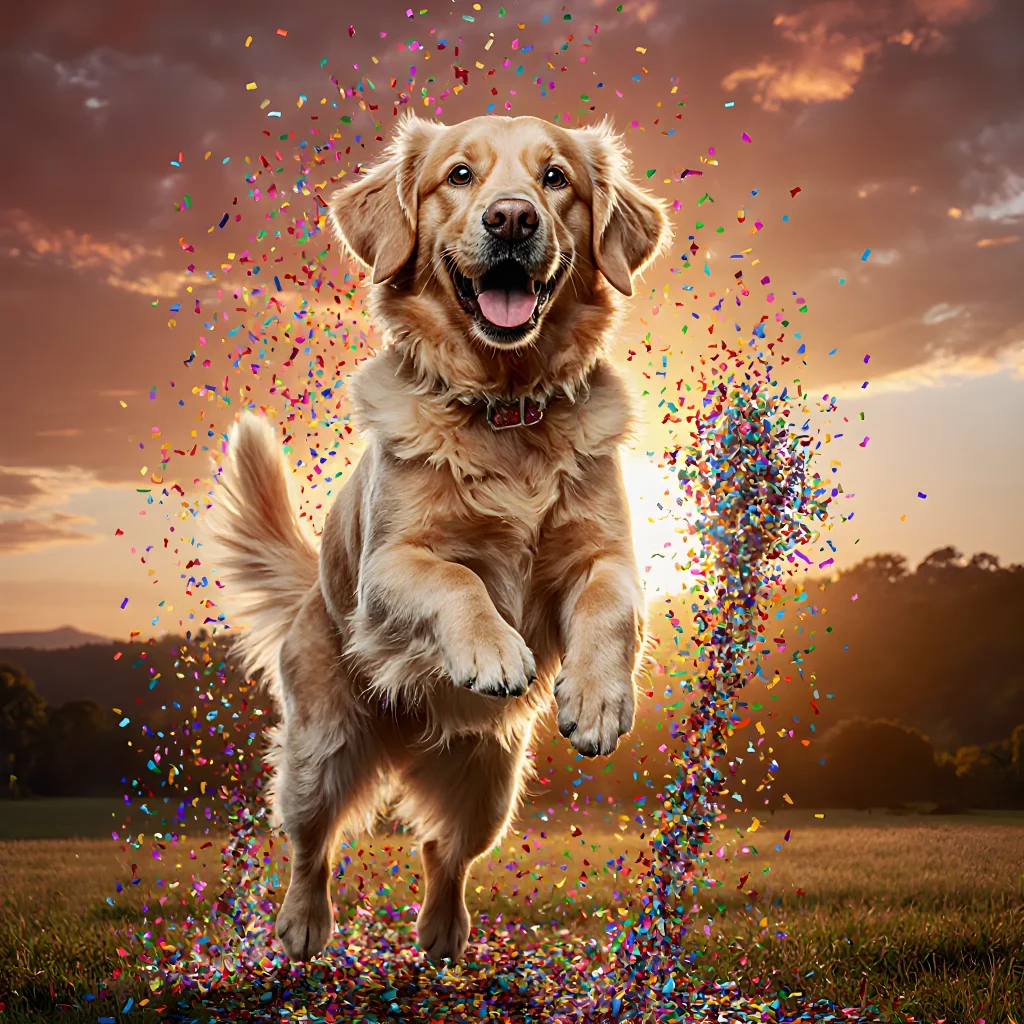 A bright, high‑contrast image of a golden retriever mid‑jump with a burst of confetti, symbolizing viral dog photo success