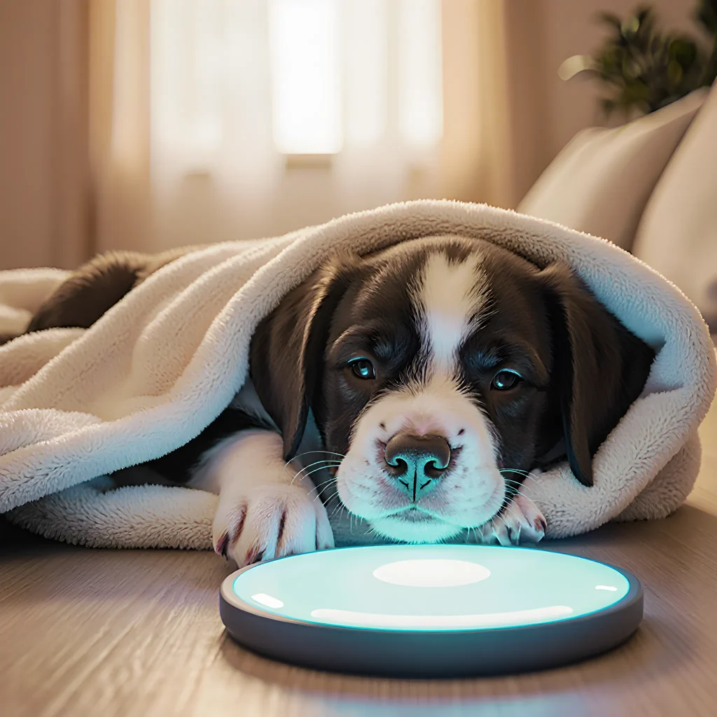 Illustration of a playful puppy wearing a sleek sensor collar with data graphs overlaying its resting body