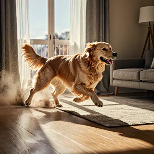 A playful dog running through a living room while chasing a hidden toy, illustrating indoor adventure activities