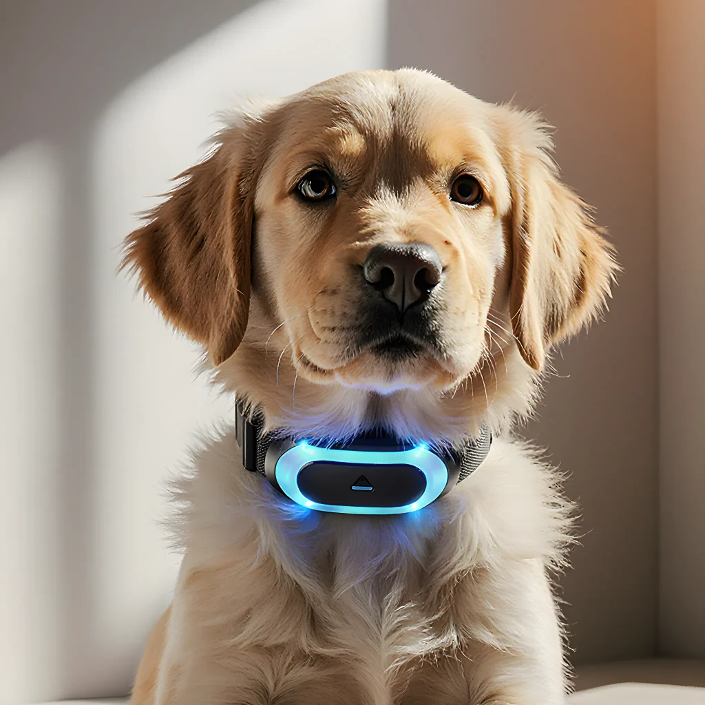 A playful puppy wearing a modern tech collar, its tail wagging as data points glow around it