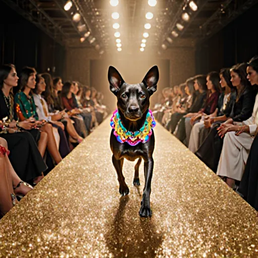 Two dogs on a stylish runway, one wearing a sleek black tuxedo and the other a fluffy red sweater, showcasing a playful dog fashion competition