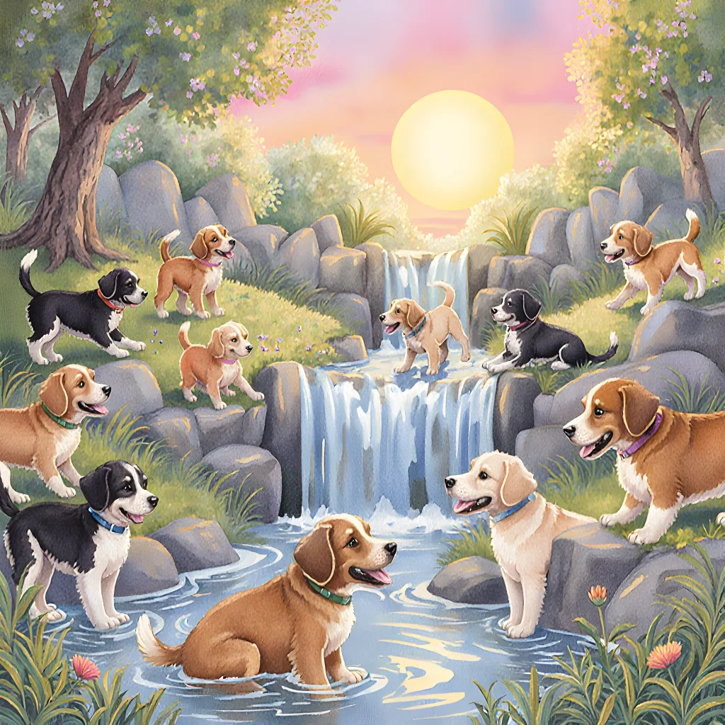 A modern indoor puppy sanctuary with cozy beds, interactive toys, and bright natural light, showcasing a happy dog surrounded by safety features