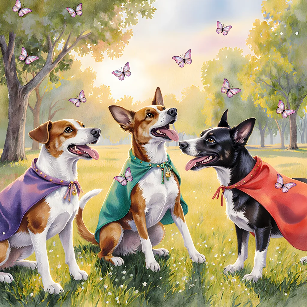 Dog wearing a colorful cape standing proudly beside an adoption sign