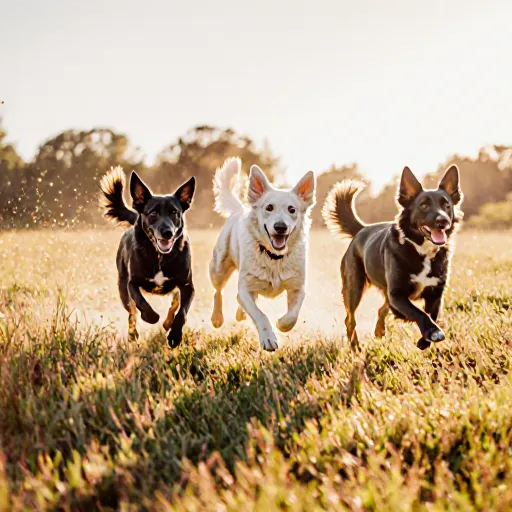 A group of lively dogs running across a sunny park field, showcasing their love for play and adventure.
