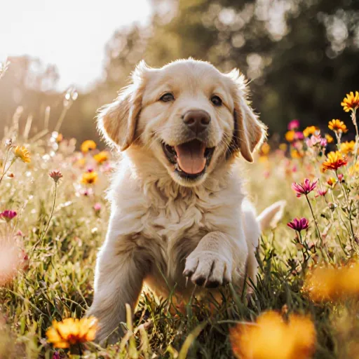 Dog running in a field with a healthy lifestyle icon